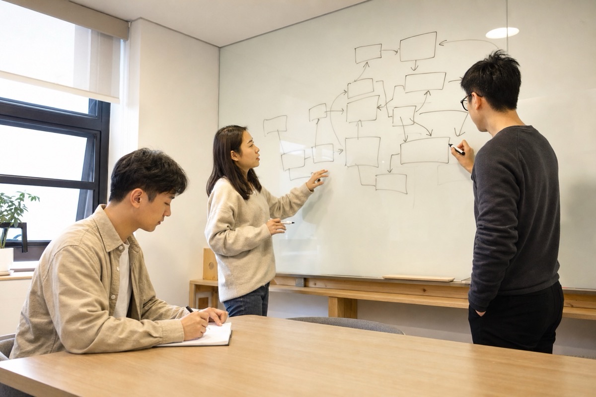 莱客顾问与企业团队在白板前梳理 AI 落地业务流程